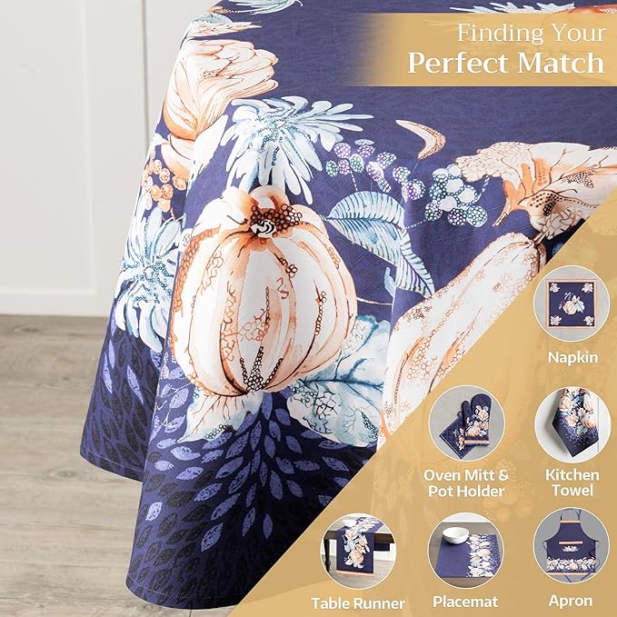 Maison d' Hermine Table Cloth Round Table 100% Cotton 63 Inches Fall Tablecloth Reusable Everyday Use for Thanksgiving Christmas Decorations Dining Farmhouse Party (Pumpkin Blues)