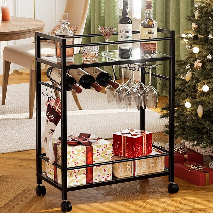 Bar Cart with Wine Rack, Serving Cart for Home, Microwave Cart, Drink Cart, Mobile Kitchen Shelf with Glass Holder, Rolling Beverage Cart for Dining Room (Black)
