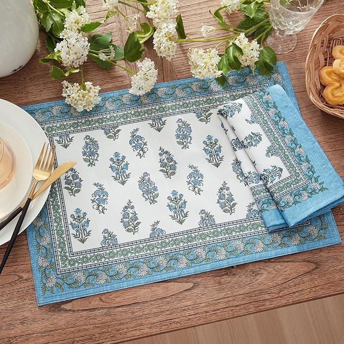 Elrene Home Fashions Tropez Paisley Block Print Coastal Stain & Water Resistant Indoor/Outdoor Placemats, Set of 4, 13"x19"