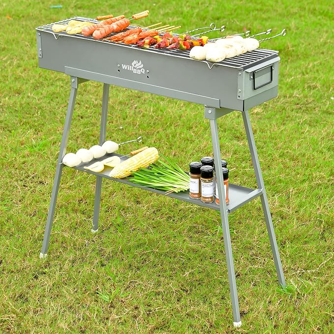 WILLBBQ Charcoal Grills Commercial Quality Portable Hibachi BBQ Lamb Skewer Folded Camping Barbecue Grill for Camping(31.6x7.1x5.1inch With Accessories) - The Perfect Gifts for Grill Lovers
