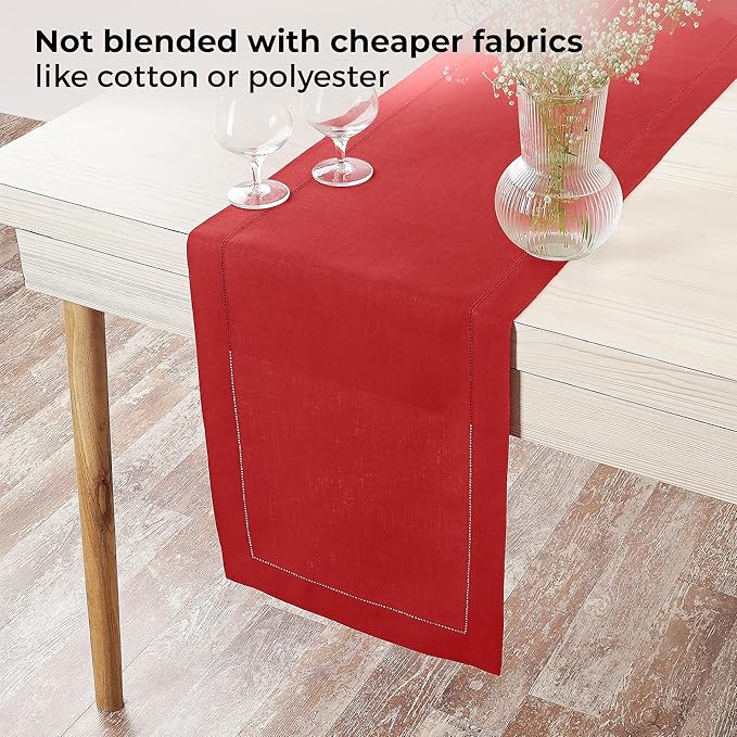 D'Moksha Homes Linen Bright Red Table Runner 84 Inches Long - 100% Pure Linen Table Runner 14 x 84 Inch for Valentines, Spring, Easter - Classic Hemstitch