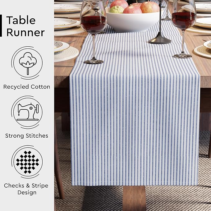 Encasa XO Cotton Dining Table Runner | Ticking Navy Blue | Size 13x59 in - Machine Washable & Durable