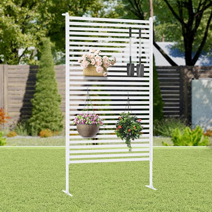 Outdoor Privacy Screen with Stand, Rustproof Metal Fence Panel, 35.43’’ x 71’’ PE-Coated Steel Slats, Decorative Privacy Fence for Patio, Garden, Backyard, Trash Can, White(1 Panel)