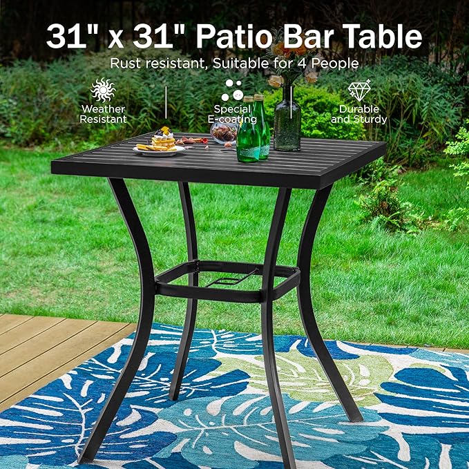 PHI VILLA Outdoor Patio 31" Square Height Bar Table with Umbrella Hole, 36" Height Coating Old Craft for Garden