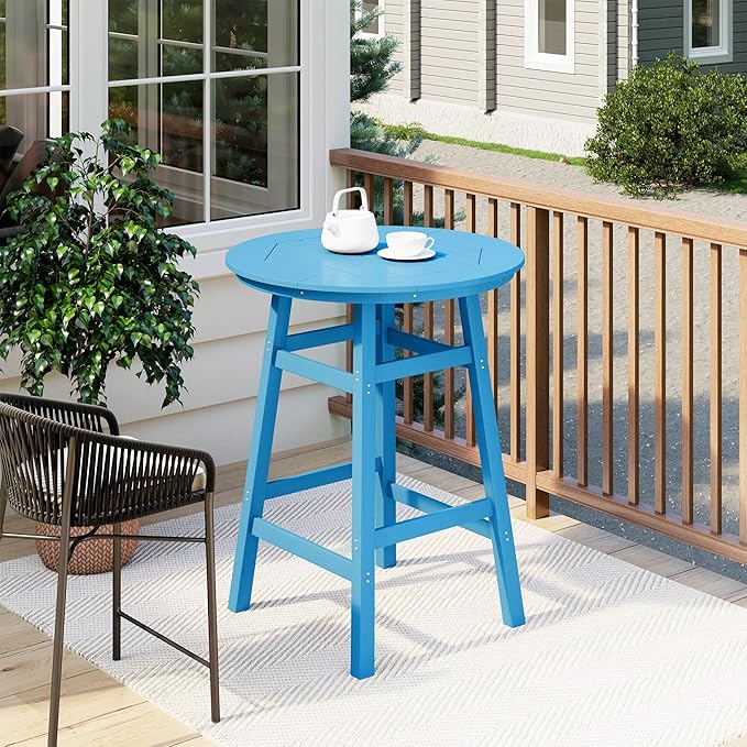 Costaelm Patio Bistro Table, 42" Counter Height Round Patio Cocktail Bar Table with Umbrella Hole, Outdoor Bistro Dining Pub Table for Front Porch Deck Backyard Garden, Pacific Blue
