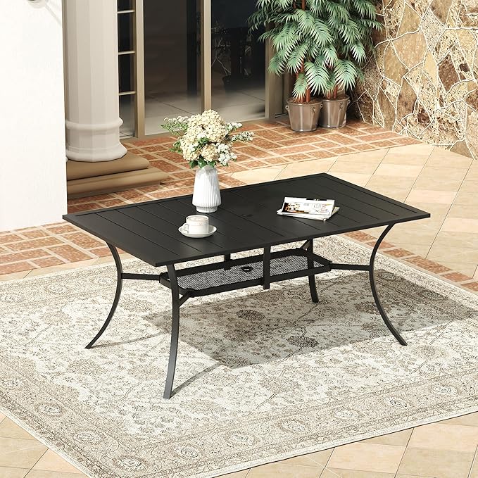 VICLLAX Rectangle Patio Dining Table for 6 Person, Outdoor Metal Steel Slat Table with Umbrella Hole for Patio, Lawn, Garden, Porch, Black
