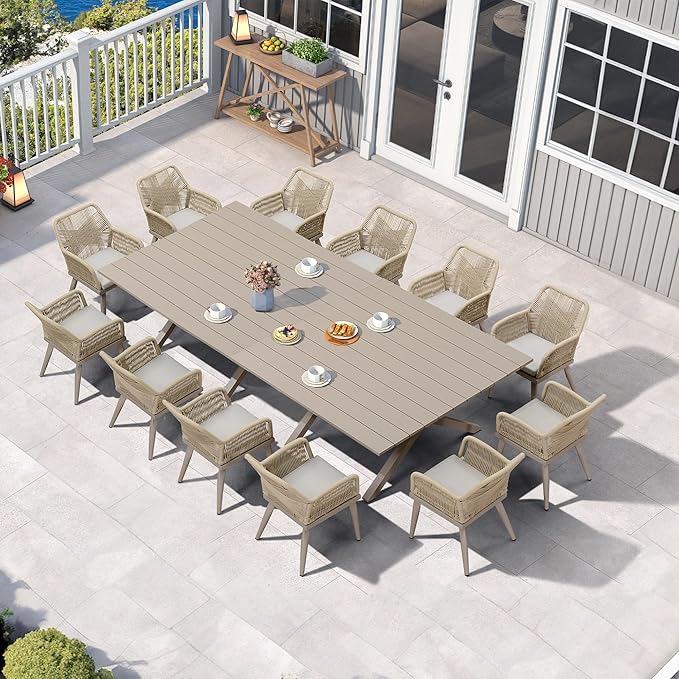 PURPLE LEAF 14 Pieces Outdoor Patio Dining Set All-Weather PE Rattan Furniture Set with All Aluminum Frame Sqaure Table and Chairs Set for 12 People Lawn Garden Backyard Deck, Champagne