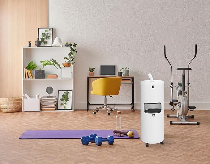 Zahari Home Stainless Steel Floor Stand Wipe Dispenser with Built-in Trash Can. Perfect for Gyms, Schools, Offices. Easy to Move with 360 Rotatable Wheels, White