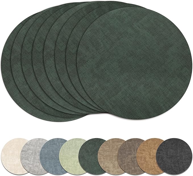 13" Round Placemats Set of 8, Reversible Faux Leather Heat Resistant Table Mats, Waterproof Oilproof Wipeable Table Protective Placemats for Vinyl, Washable for Indoor & Outdoor Use (8, Dark Green)
