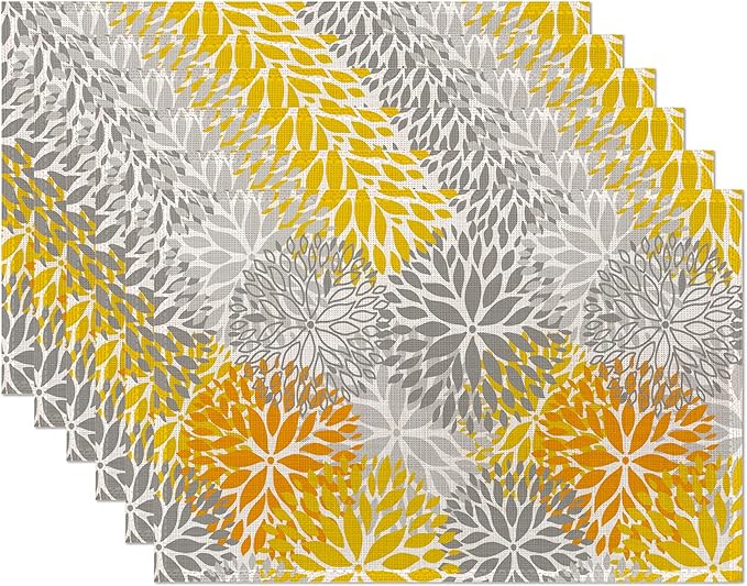 Abstract Yellow Gray Dahlia Flower Placemats Set of 6,Elegant Vinyl Place Mats Heat Resistant Washable Non-Slip Table Mats for Party Kitchen Dining Decor 12x18 Inch