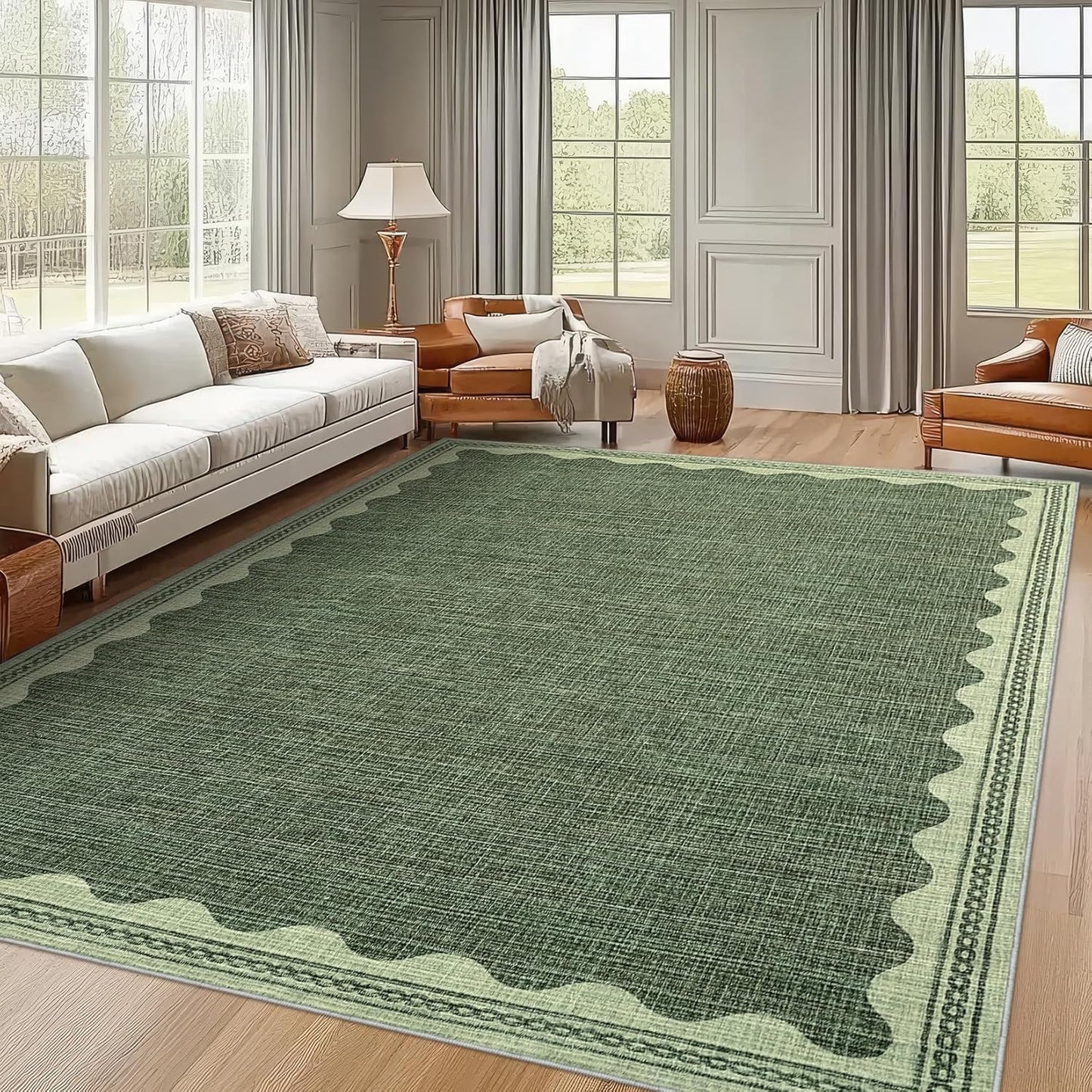 Scalloped Washable Rug 8x10 Area Rugs for Living Room, Solid Green Rug for Bedroom Girls, Non Slip Throw Carpet with Rubber Back, Soft Dorm Nursery 8x10 Rugs for Dining Room
