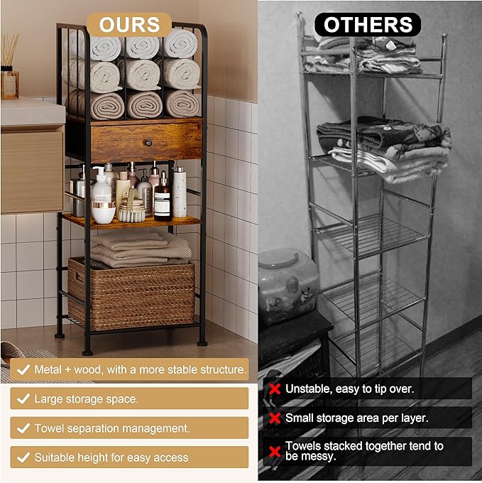Towel Rack Free Standing 3-Tier with Drawer and M-Shaped Detachable Dividers,Towel Holder with Adjustable Shelf, Towel Organizer Space Saving for Bathroom and Poolside Patent Pending