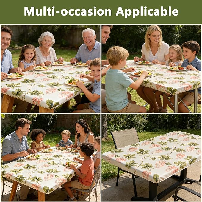 Rectangle Picnic Table Cloth, Elastic Waterproof Fitted Vinyl Tablecloths for 8 Foot Tables, Wipeable Flannel Backed Table Covers for Dining, Camping, Outdoor(Flower,36"x96")