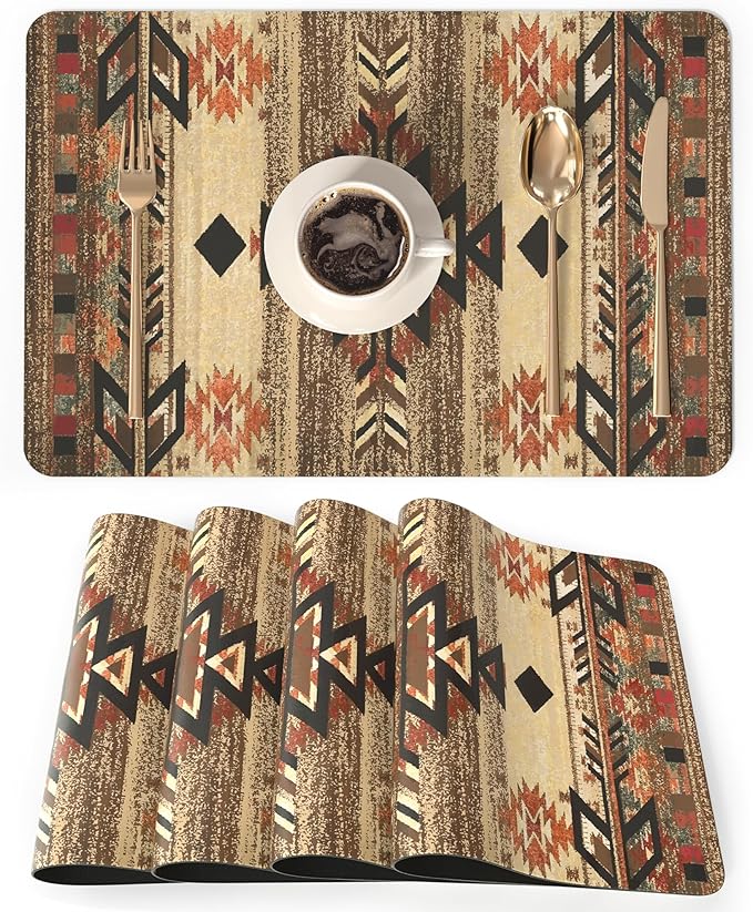 QIYI Placemats Set of 4, 12x18 Inch Faux Leather Place Mats for Kitchen Dinning, Heat Resistant Anti Slip Brown Table Mats, Waterproof Wipeable Washable Placemat Party Table Décor, Geometric Motifs
