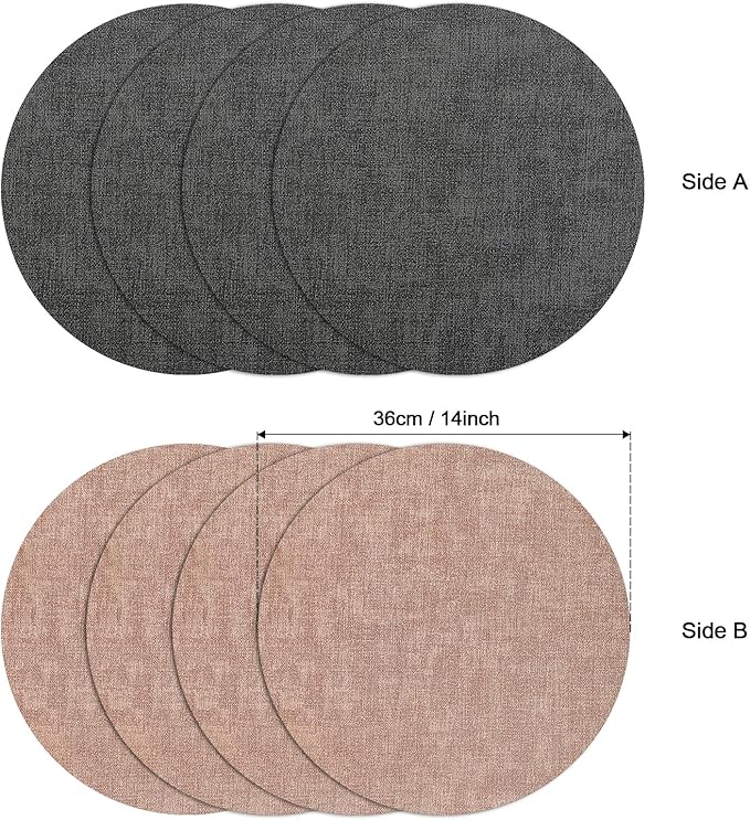 Myir JUN Round Placemats, Dual Sided Faux Leather Place Mats Set of 6 Indoor/Outdoor Non-Slip Washable Table Mats (Gray Pink, Set of 6)