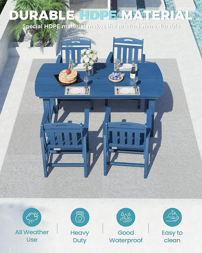 Ciokea HDPE Outdoor Dining Set, 5-Piece Patio Table and Chairs Set with Umbrella Hole, All-Weather Patio Dining Sets for 4, Durable Patio Furniture for Backyard, Garden, Lawn & Poolside, Navy Blue