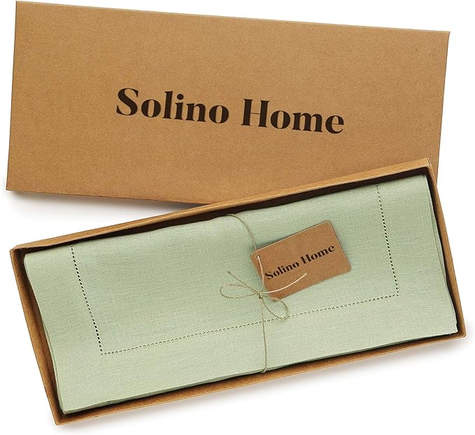 Solino Home Linen Sage Green Table Runner 132 Inches Long - 100% Pure Linen Extra Long Table Runner 14 x 132 Inch for Spring, Easter, St Patricks Day - Classic Hemstitch