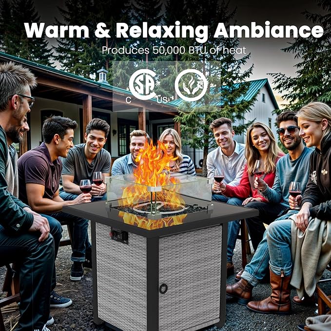 Propane Outdoor Fire Pit Table, 28" Rattan Square Fire Pit Table, Outdoor Gas FirePit With Glass Wind Guard, Tempered Glass Tabletop, Lid, CSA Listed, 50,000 BTU, Outside Patio & Garden, Grayish-White