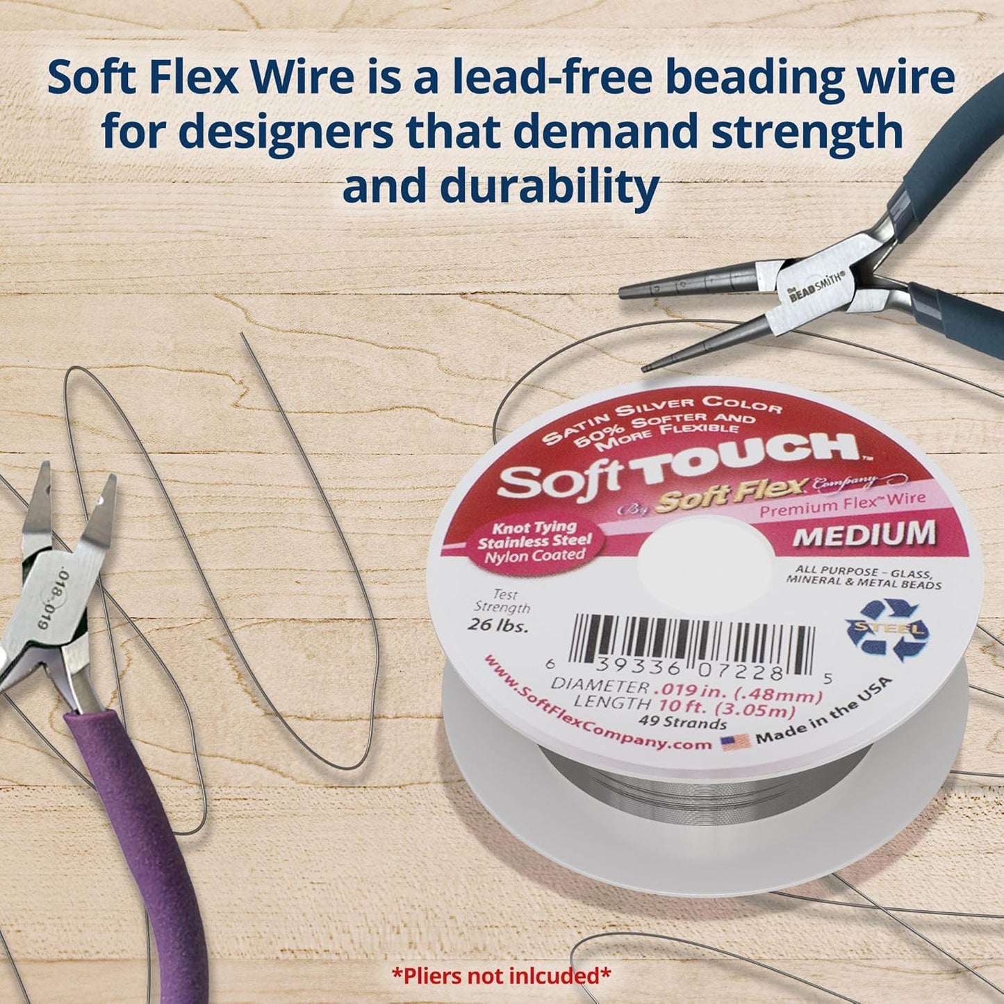 Soft Flex 49 Strand Stringing Wire - Flexible Braided - Medium 0.19 Diameter - Jewelry Making Bead Wire - Satin Silver