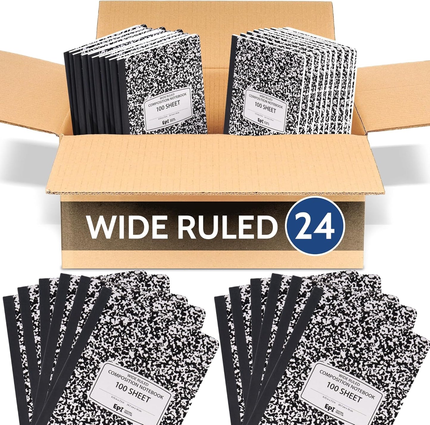 EPI Marble Hardcover Wide Ruled Composition Notebook | 200 Pages (100 Sheets), 9.75 x 7.5 in, Sturdy Sewn Binding | School, Office, Journaling, Notes - 24 Pack