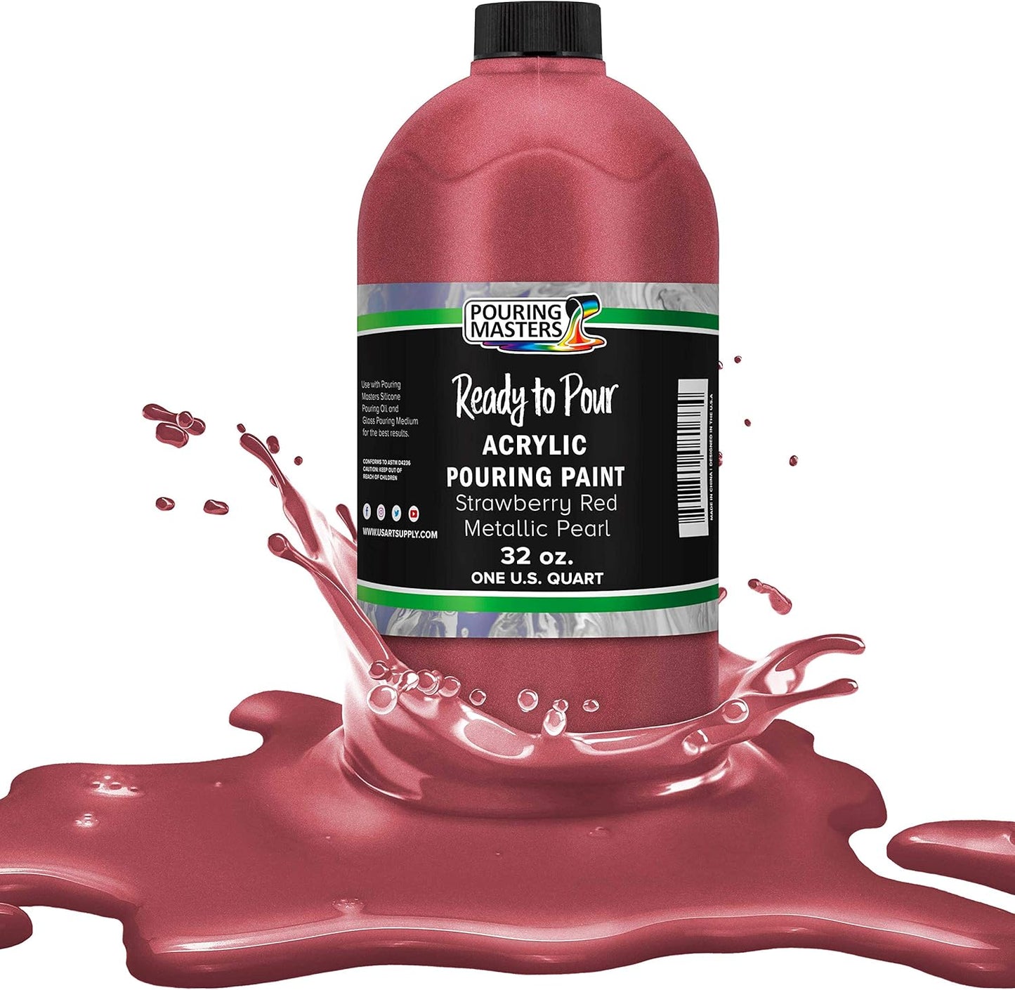 Pouring Masters Strawberry Red Metallic Pearl Ready to Pour Acrylic Pouring Paint - Premium 32-Ounce Pre-Mixed Fluid Acrylic Paint - Fluid Art Supplies for Canvas, Wood, Paper, Tile & Rocks