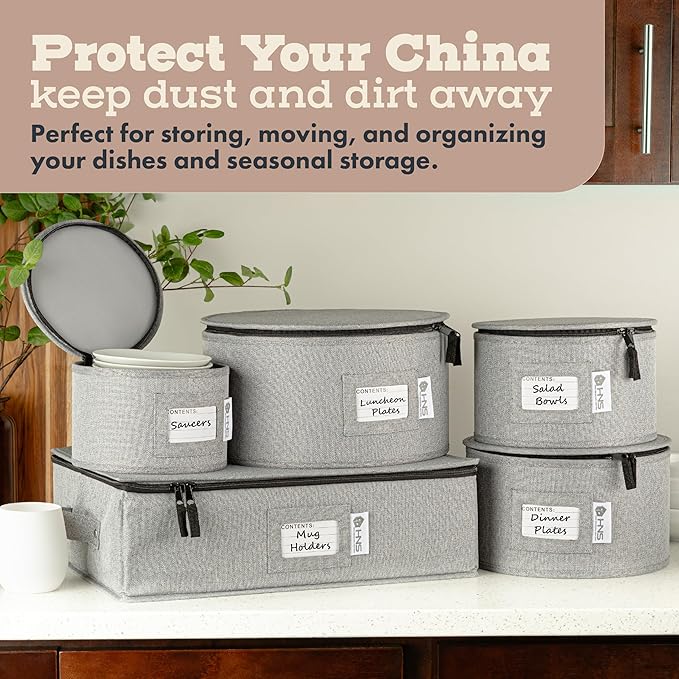 China Storage Hard Shell Containers 5-Piece Set Moving Boxes for Dinnerware, Glasses, Plates, Mugs and Saucers Sturdy Dish Organizer with Dividers for Seasonal Storage - Service for 12 - Gray