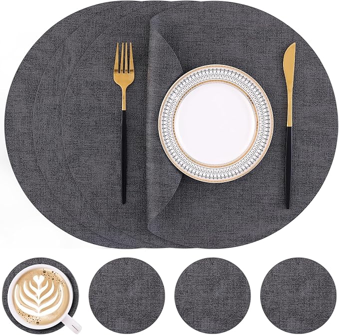 Homaxy Round Faux Leather Placemats and Coasters, Washable Dual-Side Table Mats, Wipeable Heat-Resistant Dining Place Mats for Outdoor and Indoor, Set of 4, Diameter 13 and 3.93 inch, Dark Grey