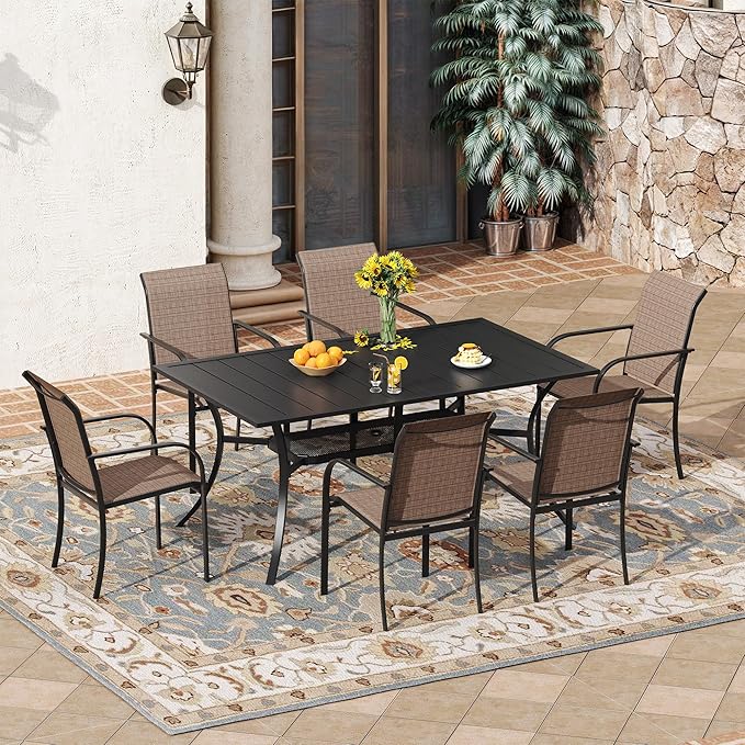 VICLLAX Rectangle Patio Dining Table for 6 Person, Outdoor Metal Steel Slat Table with Umbrella Hole for Patio, Lawn, Garden, Porch, Black