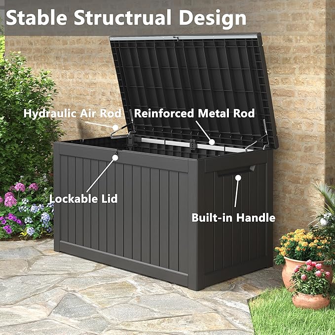 230 Gallon Large Resin deck box Waterproof,Outdoor Storage Bench,Patio Storage Box,Garden Tool Storage,UV-Resistant & All-Weather,Wood-like Striped BLack