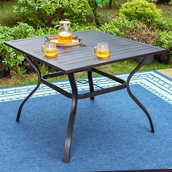Sophia & William Patio 6 Pieces Dining Set with 4 PE Rattan Chairs, 1 Square Metal Table and 1 10ft 3 Tier Auto-tilt Umbrella Navy, Modern Outdoor Dining Set for Poolside, Porch, Patio, Balcony