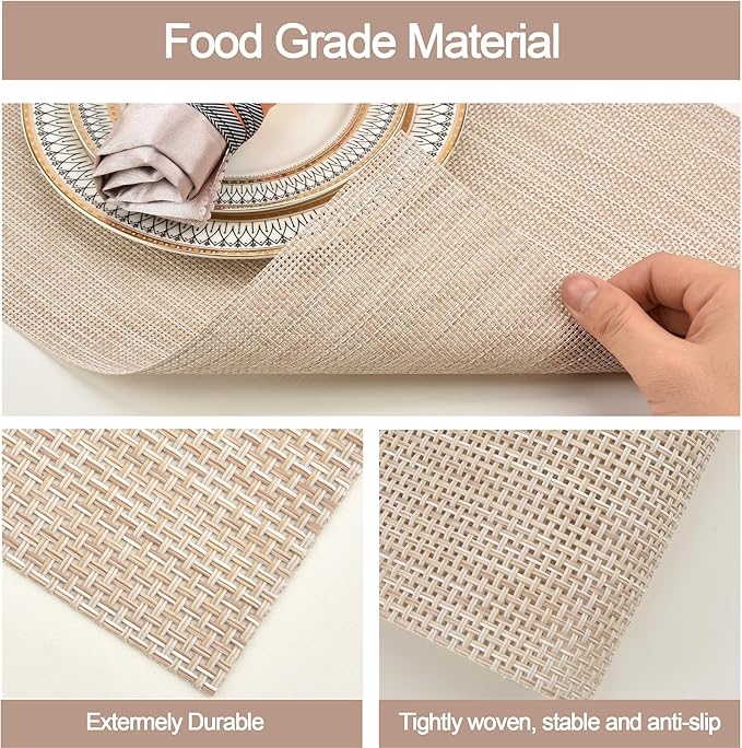 SLKQG Placemats Set of 6 - Easy Clean Washable Vinyl Placemats - Wipeable Heat Resistant Table Mats for Dining Table - 17.7x11.8 Inch (6, Beige)
