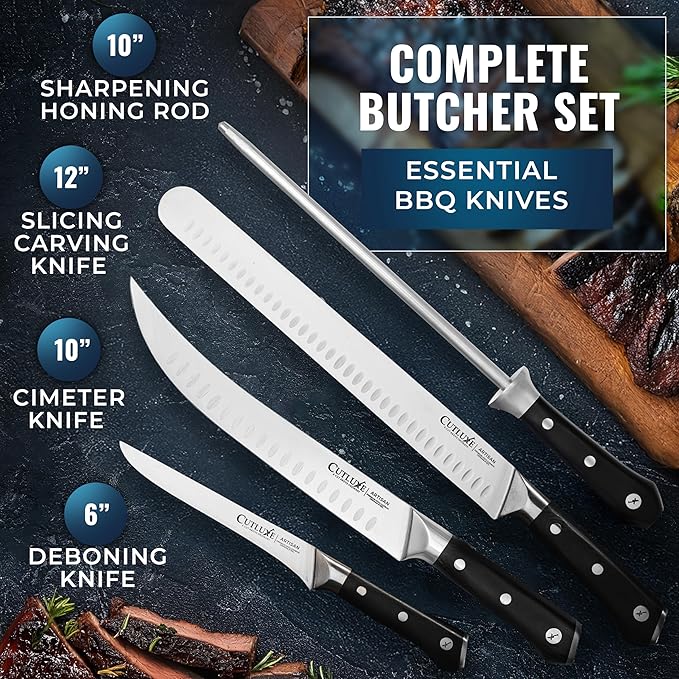 Cutluxe Butcher Knife Set – BBQ Brisket, Breaking and Boning Knives, Honing Rod – Carving Knife Set for Meat Cutting, Ultra Sharp German Steel, Full Tang, Ergonomic Handles – Artisan Series