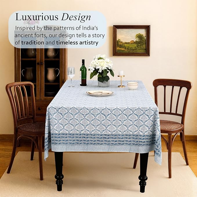 CPC Indigo Regal Tablecloth 100% Cotton 80x120 Inch Indian Block Print Rectangle Table Cover, Table Cloth for Gifting in Weddings, Halloween, Fall, Christmas, Thanksgiving