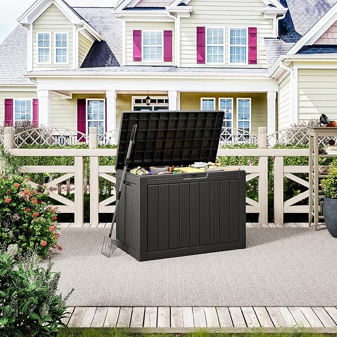 45 Gallon Outdoor Storage Deck Box Waterproof,Garden Tool,Backyard Cushion,Poolside Storage,Small Delivery Boxes for Outside,UV-Resistant & All-Weather,Wood-like Striped BLack