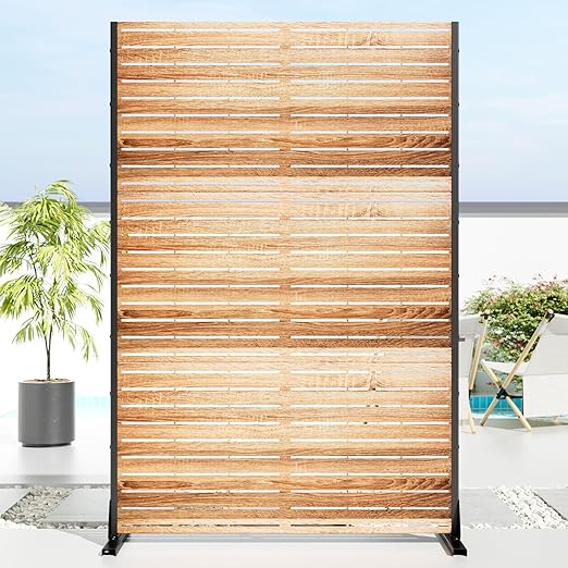 Casaphoria 72" H x 47" W Metal Privacy Screen, Freestanding Outdoor Screen for Deck, Patio & Balcony - Versatile Decorative Privacy Panels for Home & Garden Use (Wood Color)