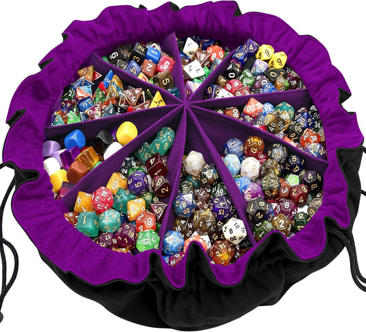 SIQUK Large Dice Bag with Pockets Drawstring Dice Bag DND Dice Storage Bag Big Capacity Dice Pouch for RPG MTG Table Games, Hold over 300 Dice (Black & Dark Violet)