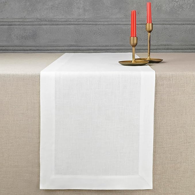 D'Moksha Homes Linen White Table Runner 60 Inches - 100% Pure Linen Table Runner 14 x 60 Inch for Coffee Tables, Dresser, Valentines, Holiday - Machine Washable