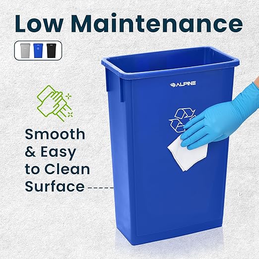 Alpine 23 Gallon Slim Recycling & Trash Bin Set – 3-Pack Blue/Black/Grey Plastic Narrow Open-Top Garbage Cans for Office, Home, School & Commercial Use