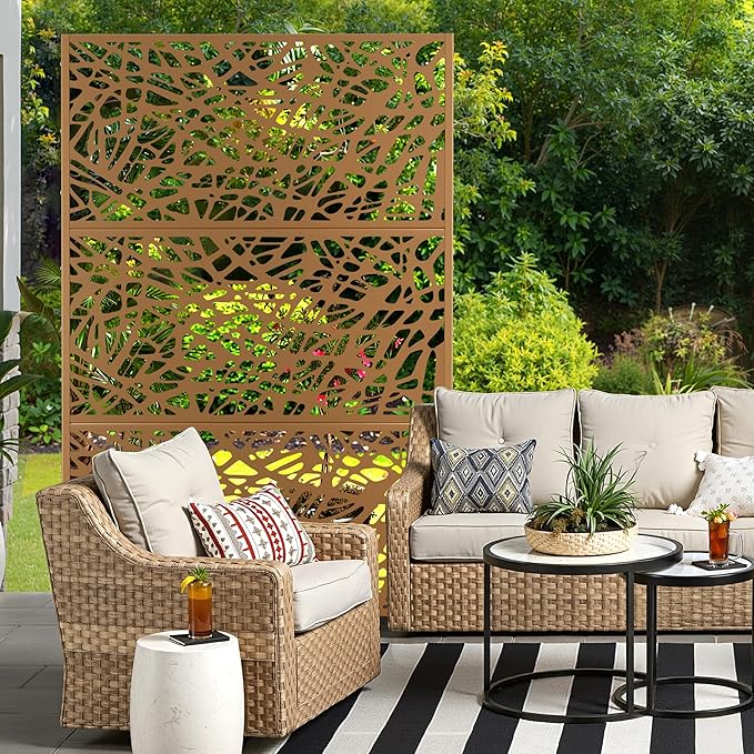 Metal Privacy Screen for Outdoor & Indoor Use, Free Standing Privacy Screen for Patio Garden Pool, 72" H x 47" W Decoative Privacy Panels, Weather Resistant, Easy Assembly (Brown Net)