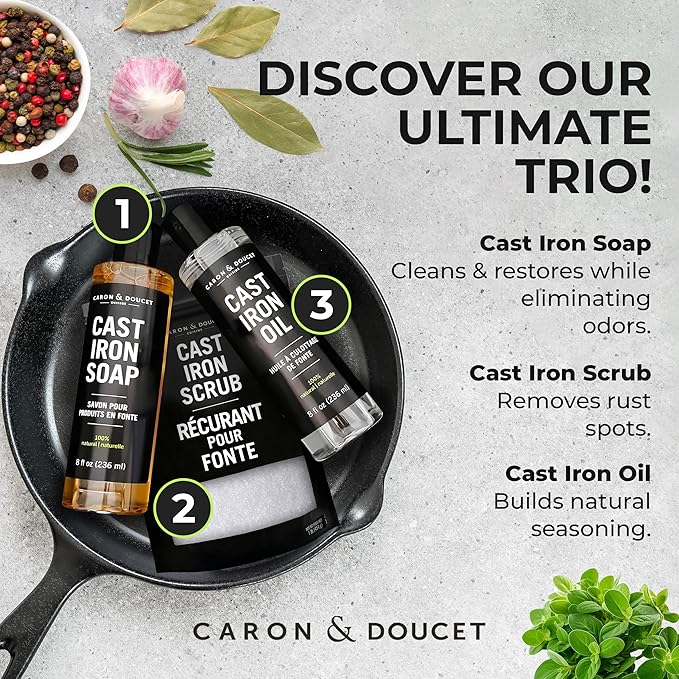 CARON & DOUCET – New Ultimate Cast Iron Set: Seasoning Oil, Cleaning Soap & Restoring Scrub | 100% Plant-Based & Best for Cleaning Care, Washing, Restoring & Seasoning Skillets, Pans & Grills!