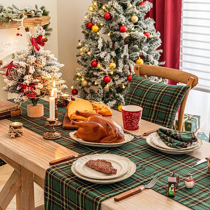 Green Yellow Plaid Christmas Table Runner, Winter Holiday Table Runners 72 inches Long Xmas Decorations Indoor Outdoor Farmhouse Home Kitchen Dining Party Decor