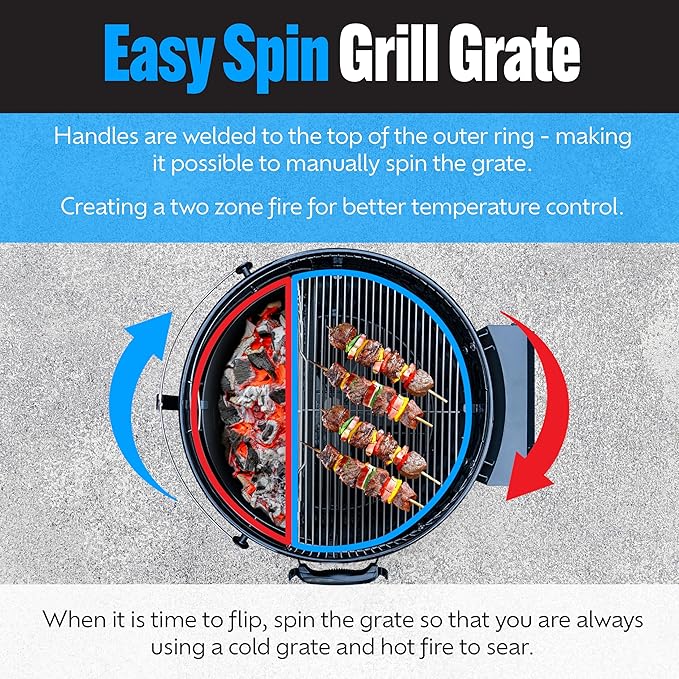 SnS Grills EasySpin Charcoal Grill Cooking Grate, 304 Stainless Steel, Large Hinged Opening, Perfect for 2-Zone Cooking, Replacement Grate Compatible with Weber & Other Grills - Fits 22” Kettles