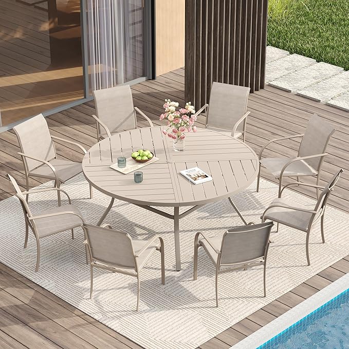 VICLLAX Round Patio Table with Adjustable Umbrella Hole for 8, All Weather Metal Outdoor Dining Table for Lawn Garden, 53.1" Outdoor Coffee Table, Cream Color Frame