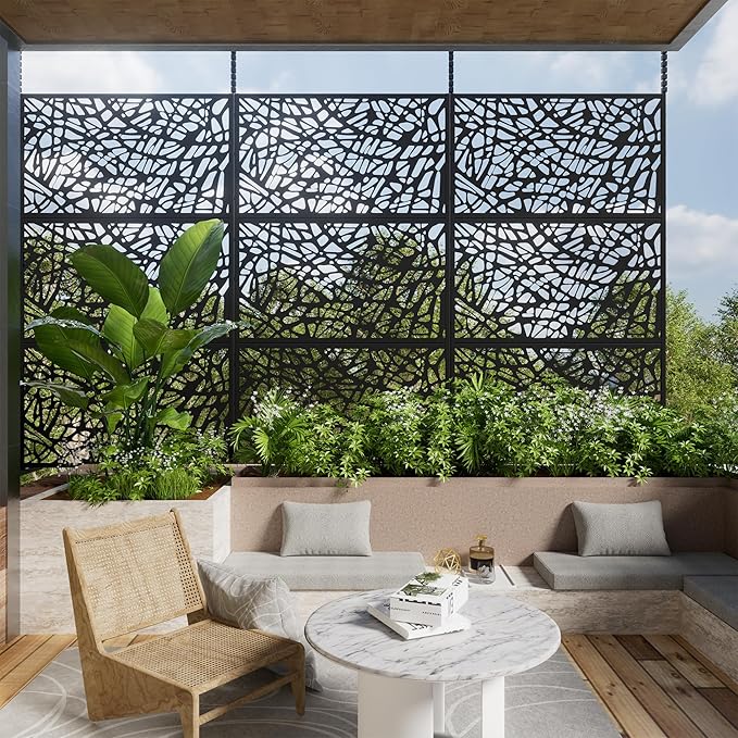 Casaphoria Metal Privacy Screen Outdoor, 72" H x 35" W Freestanding Decorative Privacy Screen for Patio Deck Balcony Garden with Stable Base, Black-Shine