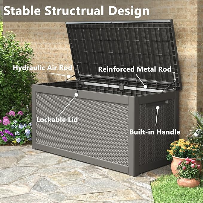 260 Gallon Large Resin deck box Waterproof,Outdoor Storage Bench,Patio Storage Box,Garden Tool Storage,Resin Large Sturdy Deck boxes with Double Wall Panels,Rattan Gray