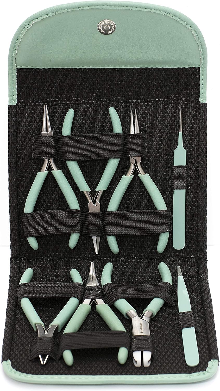 The Beadsmith Fashion Color Pliers – Set of 8 Slimline Color-Coordinated Tools – Matching Clutch in Aqua – Jewelry Making Supply Kit to Create Necklaces, Bracelets, Earrings & More