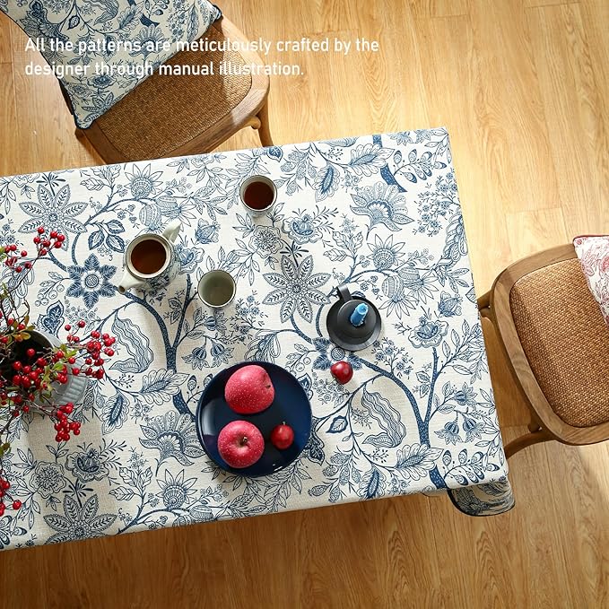 ISAENNE Designer French Linen Extra Long Rectangle Tablecloth,Blue Floral Washable Indoor Table Cloth,Durable Home Decor Tablecloths for Dining Thanksgiving Kitchen Party,67"*118"-Ruyi B