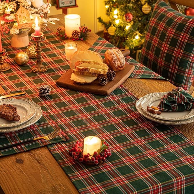Green Red Plaid Christmas Table Runner, Winter Holiday Table Runners 108 inches Long Xmas Decorations Indoor Outdoor Farmhouse Home Kitchen Dining Party Decor