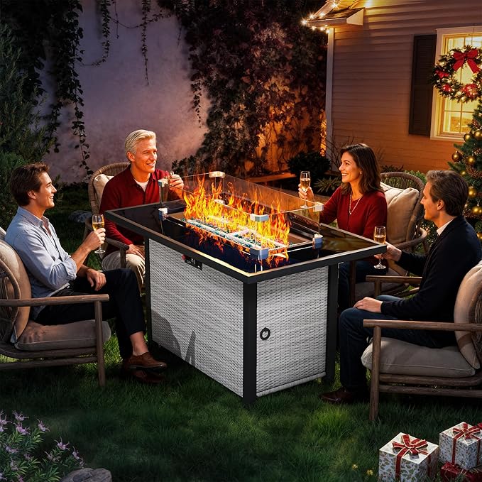 Propane Outdoor Fire Pit Table, 43" Rattan Rectangle Fire Pit Table, Outdoor Gas FirePit W/Glass Wind Guard, Tempered Glass Tabletop, Lid, CSA Listed, 60,000 BTU for Outside Patio Deck & Garden