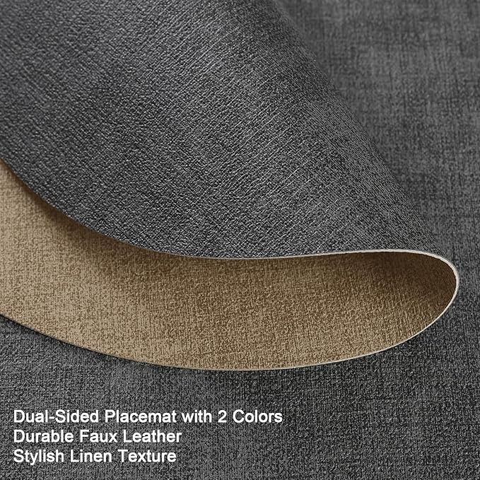 Placemats and Coasters, Washable Reversible Placemats Round Faux Leather Wipeable Place Mats Non Slip Heat Resistant Indoor Outdoor Table Mats (Set of 4, Gray Beige)